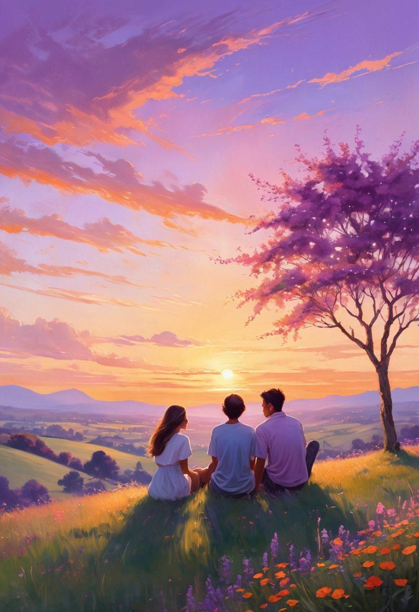 A serene sunset scene depicting two friends sitting on a grassy hill, their silhouettes gently leaning towards each other, symbolizing the transition from friendship to love. In the background, soft, vibrant colors of purple and orange fill the sky, casting a warm glow over them. Delicate flowers bloom around them, representing blossoming feelings. The atmosphere is infused with a sense of intimacy and connection. dreamy art style. pastel colors.