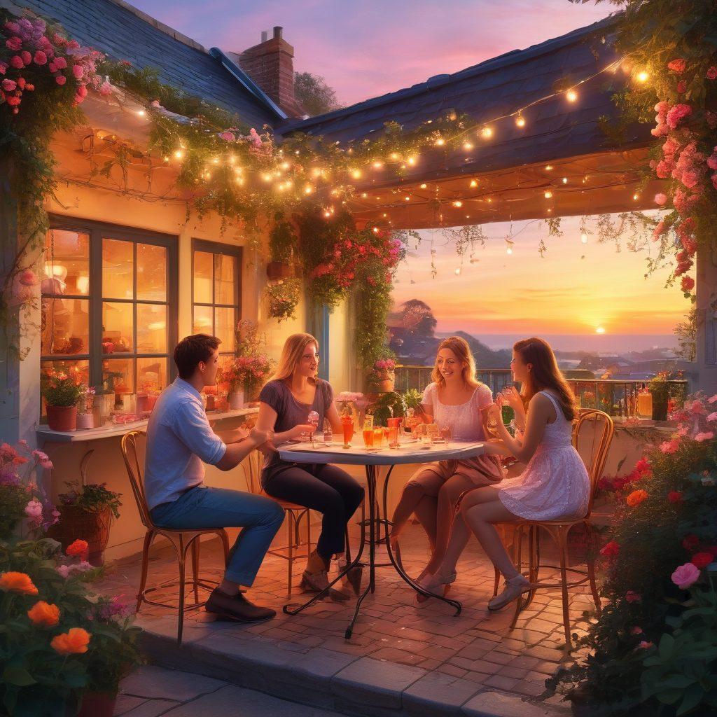 A whimsical scene capturing a lively outdoor café setting with couples engaging in flirtatious conversation, surrounded by blooming flowers and twinkling fairy lights. Include colorful drinks and playful interactions, evoking a sense of adventure and fun. The background should feature a sunset that casts a warm glow, enhancing the romantic atmosphere. stylized illustration. vibrant colors. 