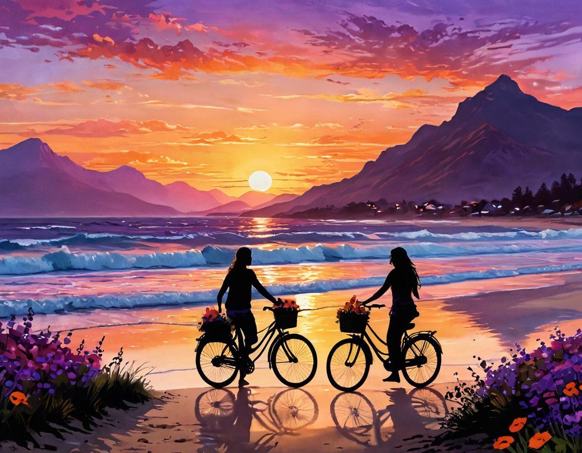 A romantic scene showcasing a couple exploring a picturesque sunset beach, hand in hand, surrounded by vibrant flowers and soft waves. The background features a dreamy sky painted in hues of purple and orange while distant mountains silhouette against the sunset. Add small elements of adventure, like a bicycle and a picnic basket. super-realistic. vibrant colors. warm lighting.